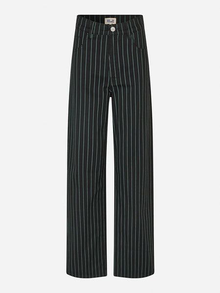 a pair of black pinstripe wide leg pants stands upright against a white background.