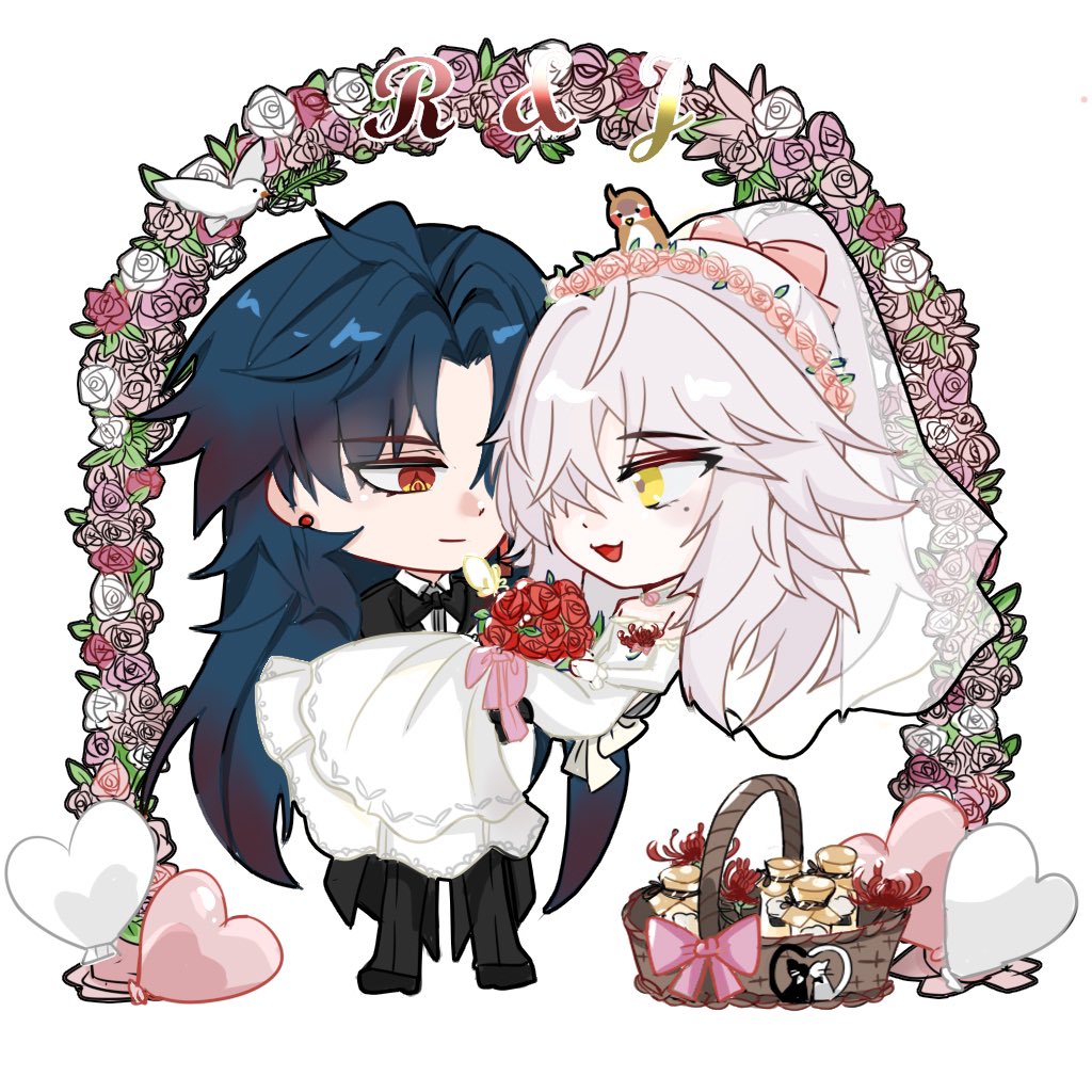 this image shows an anime couple dressed in wedding attire, with the groom holding the bride in his arms. they are surrounded by flowers and hearts, creating a romantic atmosphere. the characters are depicted in a chibi style, making them appear cute and playful. the bride is wearing a white dress with a veil, while the groom is in a black suit with a white bow tie. the background features a floral archway, further emphasizing the wedding theme. the overall tone of the illustration is joyful and celebratory, suggesting a happy ending for the couple.