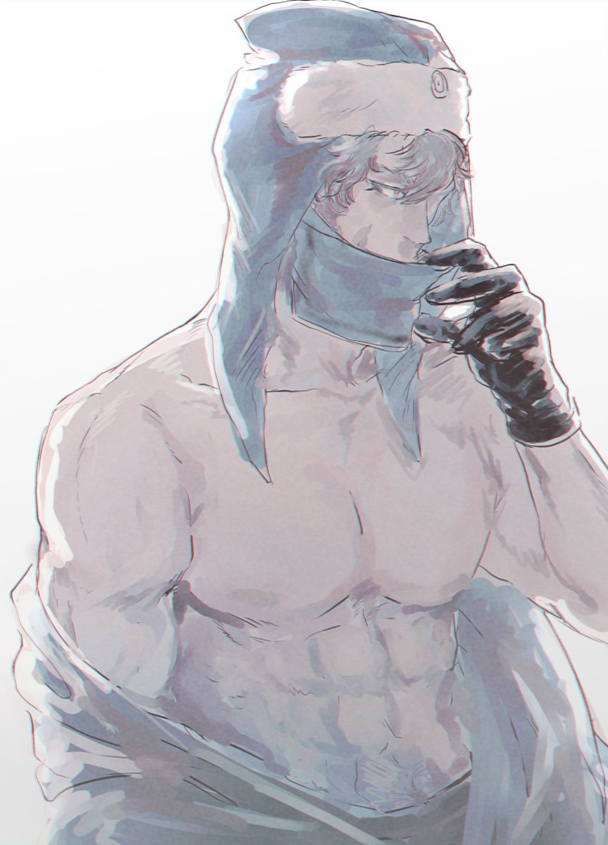 a digital art illustration of a man with a blue hat and scarf and black gloves. he is wearing a white shirt that is open at the chest, showing off his muscular physique. he is looking down and slightly to the side, with a thoughtful expression on his face. the illustration is done in a semirealistic style with soft lighting and subtle shading. the overall aesthetic is cool and mysterious.