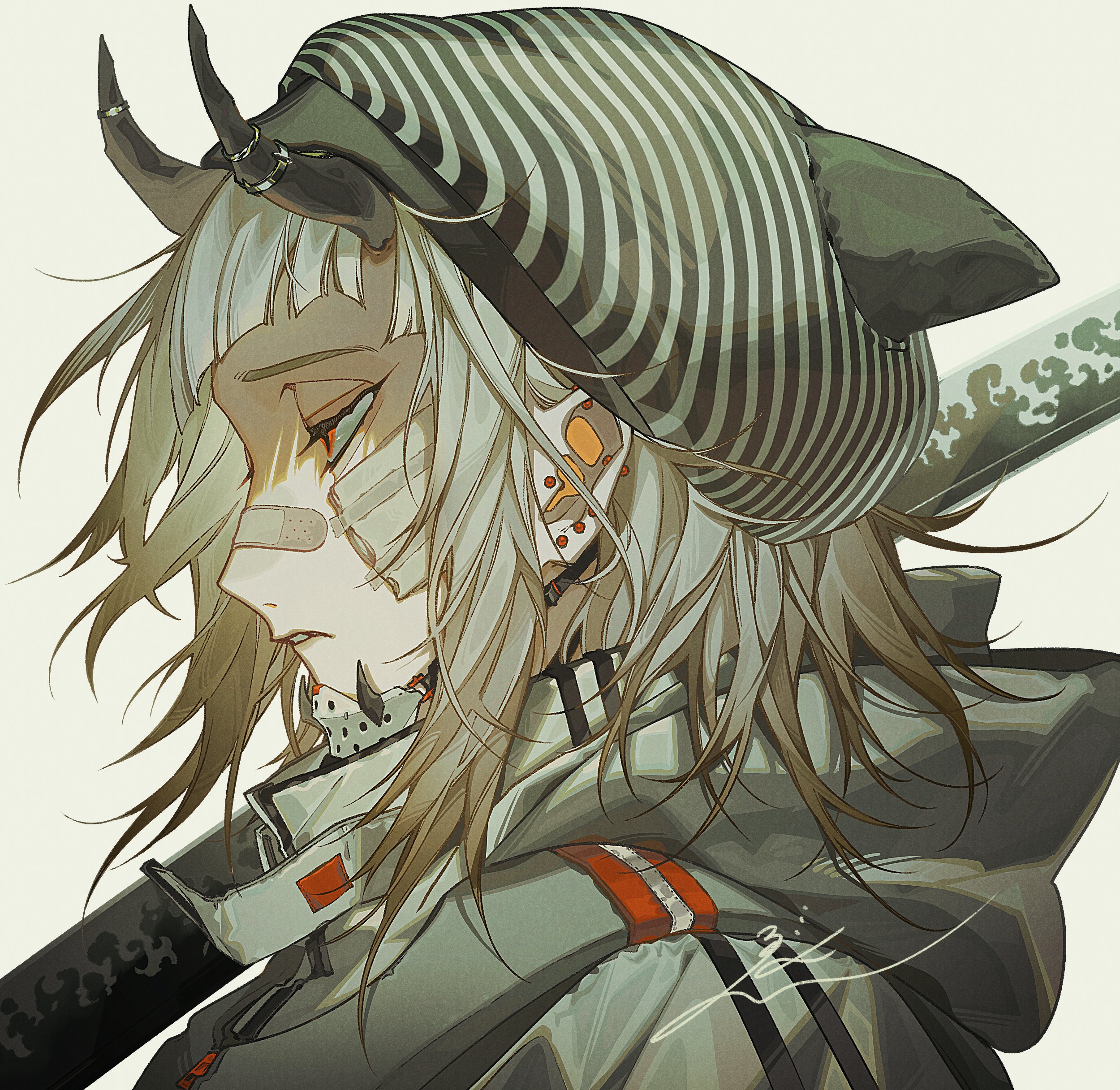 the image is a closeup digital painting of an animestyle female character. she has long, slightly messy white and grey hair, a striped beanie with cat ears, and small horns protruding from her head.  she also appears to have a bandage on her face and some kind of cybernetic or decorative piercings on her ears. she's wearing a grey hoodie with orange accents and seems to be carrying a katana. the overall style is a blend of cyberpunk and fantasy elements, with a slightly edgy and cool aesthetic. the character's expression is serious and contemplative. the artwork is highly detailed, showing careful attention to shading and texture.