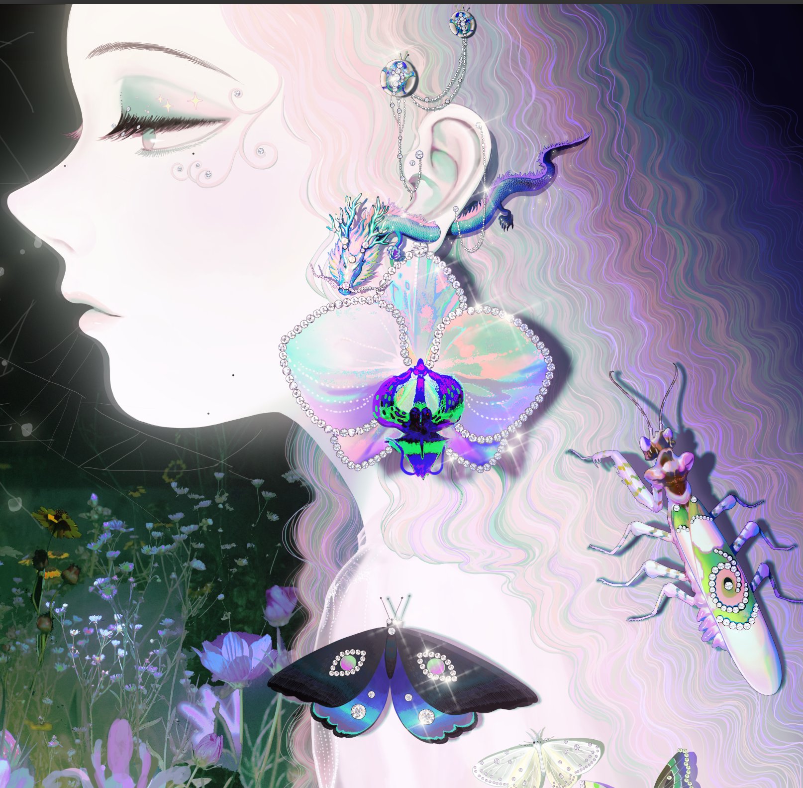 the image is a digital painting or illustration in a fantasy style. it depicts a woman's profile with long, wavy pastelcolored hair.  her face is soft and ethereal.  she is adorned with elaborate iridescent jewelry, most notably a large orchidshaped earring featuring rhinestones, a small dragonfly, and a chain.  other insects, including a praying mantis and various butterflies and moths (one large, iridescent moth being particularly prominent) are positioned around her, seemingly crawling on her hair or resting on her shoulder and neck.  the background suggests a dreamy garden scene with softfocus flowers and a slightly dark, mysterious atmosphere. the overall effect is whimsical, magical, and deeply feminine. the style is reminiscent of both anime and art nouveau, with its blending of organic forms and ornate detail.