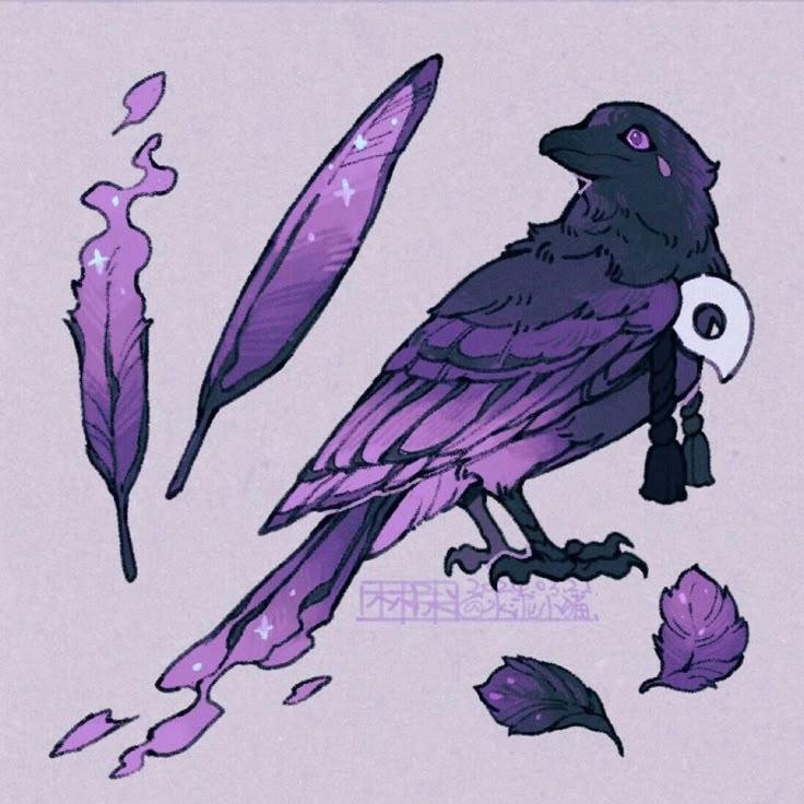 a stylized illustration of a purple crow with magical elements. the crow is predominantly purple with dark accents around its head and black feet. it has a white mask hanging from a rope around its neck and tassels hanging from the rope. a single tear shaped like a jewel or star is shown under its eye. several feathers, some with sparkly details, are scattered around the crow. some feathers appear to be dissipating into a magical smoke or light. the background is a light purple or mauve color. the artwork has a cartoonish or whimsical feel to it.