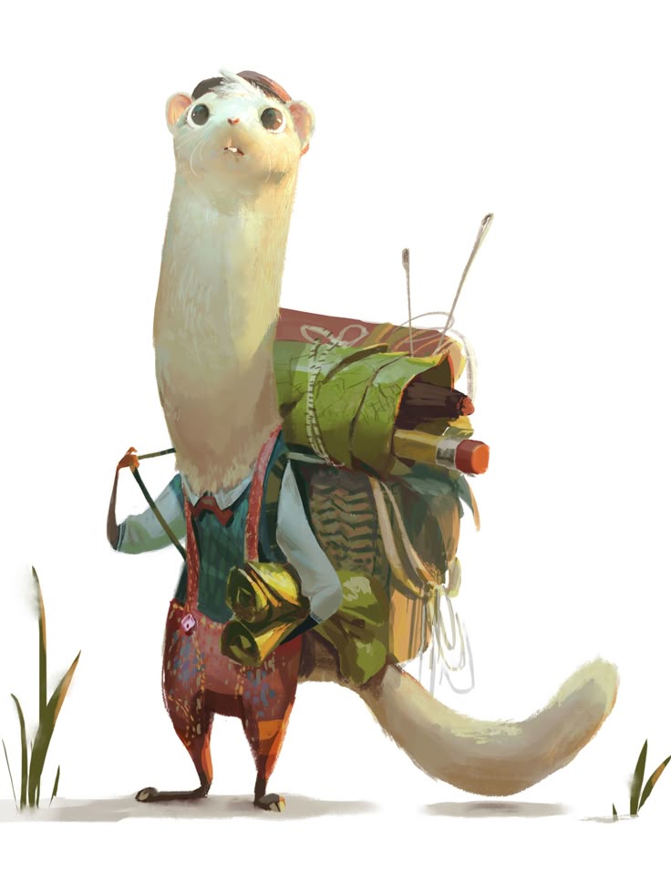 an anthropomorphic weasel is standing upright, wearing clothes and carrying a backpack. the weasel has a long, slender body with a white coat and a small brown cap on its head. it is wearing a blue shirt, a red vest, and patchworkstyle brown pants with suspenders. on its back, it has a large backpack filled with camping supplies, including a bedroll, cooking utensils, and other items. the weasel is standing in a field with a few blades of grass visible in the foreground. the artwork style is whimsical and cartoonish.