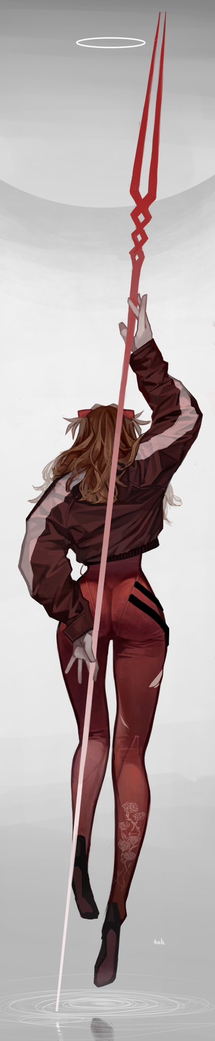 the image showcases a stylized animestyle female character viewed from behind. she is standing, holding a long, red spearlike weapon that extends to the top of the frame.  her attire is casual yet stylish, consisting of a dark reddishbrown jacket with lightercolored accents and similarly colored pants. she wears dark boots. her long brown hair cascades down her back. the background is minimal, primarily a light gray with a subtle reflective surface around her feet suggesting water.  a faint halo effect is visible above her head. the overall style is elegant and slightly mysterious.