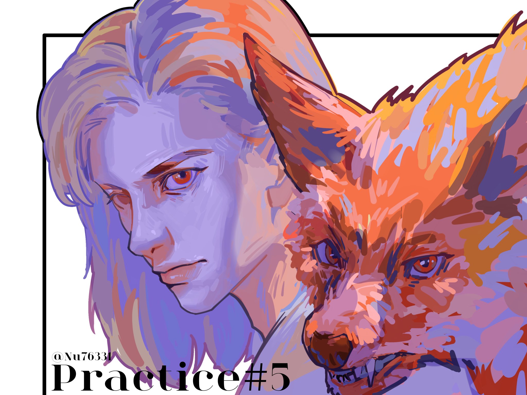a close up digital illustration of a woman with long, blonde hair and purple skin. she has a fox with red and orange fur close to her face. the fox has an angry expression. the woman looks to the side with an expression of concern. the background is a simple white. the artist signature is in the bottom left corner. there is a text overlay in the bottom left corner that reads "practice #5".