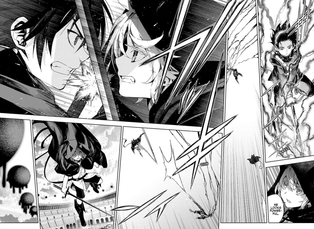 he image is a panel from a manga or anime depicting a fierce battle between several characters. the style is dynamic and actionpacked, with energy blasts and fast movements. the characters are dressed in dark clothing and wield swords or similar weapons. the background features a stadiumlike setting. the overall tone is dark and intense.