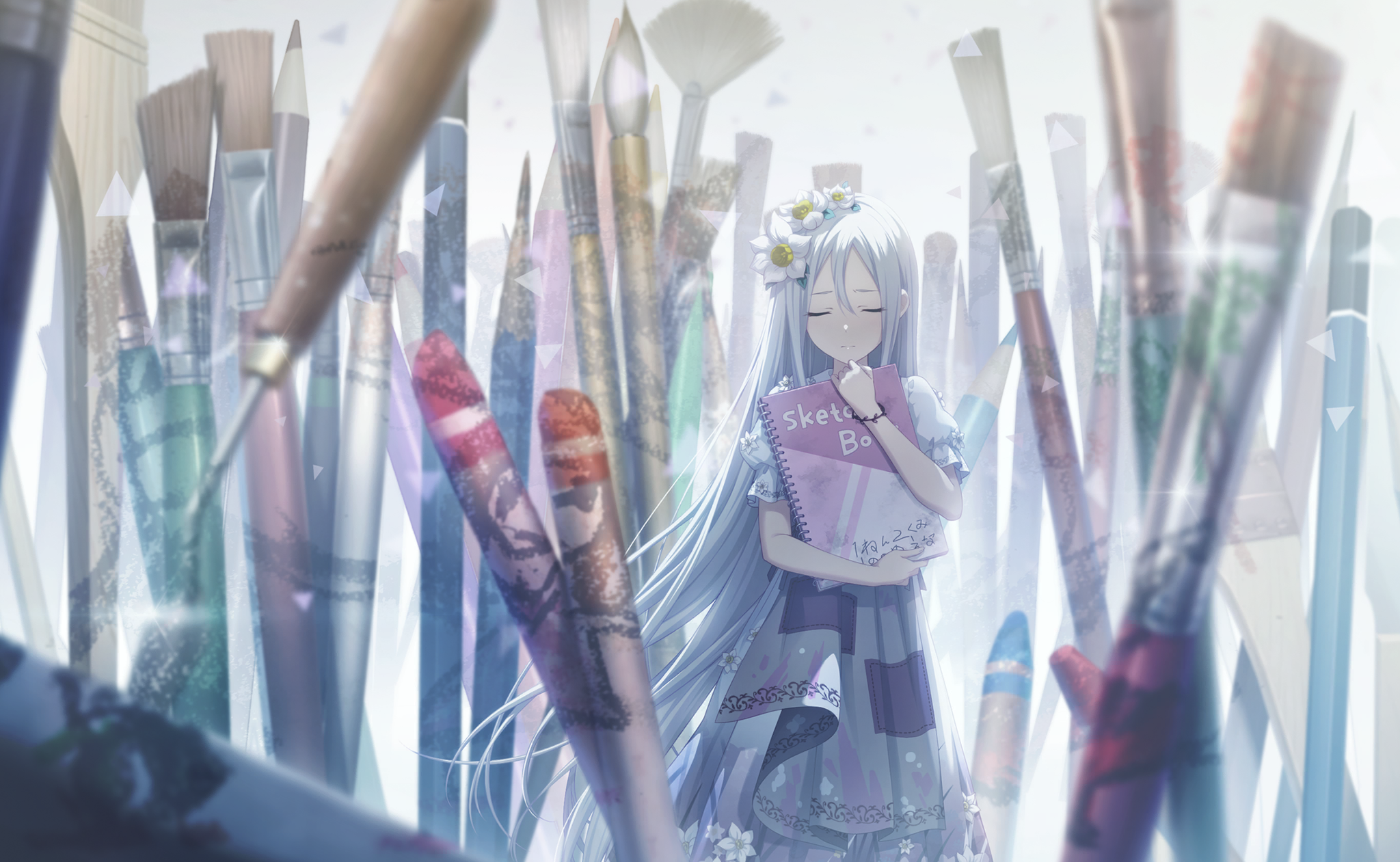 an animestyle image features a young woman with long, flowing white hair and a flower crown, standing in front of a collection of art supplies. her eyes are closed, and she is holding a pink sketchbook. the background is filled with an array of paintbrushes, pencils, and crayons, creating an artistic atmosphere.