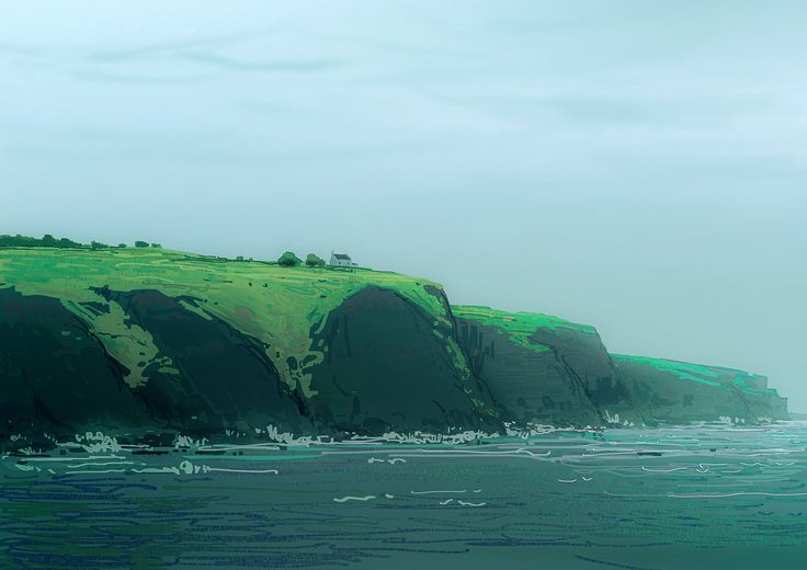 this is a digital painting of a sea side view. there is a small house on top of the cliff. the sea is on the right side of the image. the lighting suggests that it is day time and the sky is cloudy.