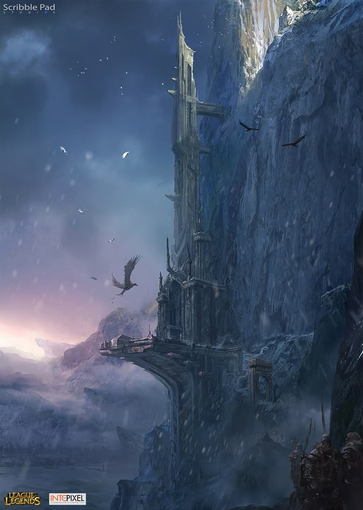 an illustration of a tall, imposing fortress built into the side of a massive, snowcovered mountain cliff. a bridge connects the fortress to another part of the cliff. several birds fly around the fortress and mountain. the sky is cloudy and atmospheric. the logos for league of legends, scribble pad, and intopixel are visible at the bottom.