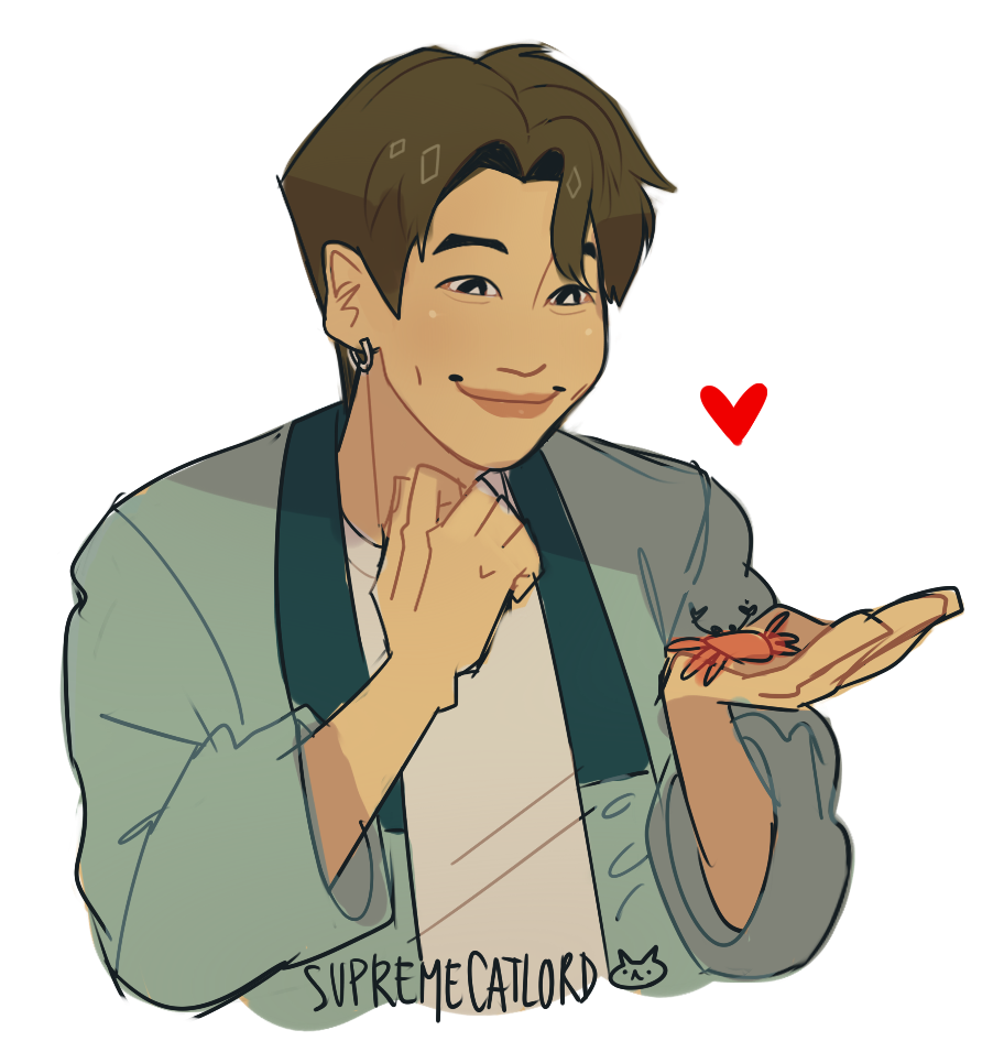 an illustration of namjoon, a member of the kpop group bts, holding a small shrimp or crab in his open palm. he is smiling and has dimples. a red heart is drawn near him. he is wearing a light green jacket over a white shirt and has earrings. the watermark of the artist, "supreme catlord" with a cat drawing, is at the bottom of the image.