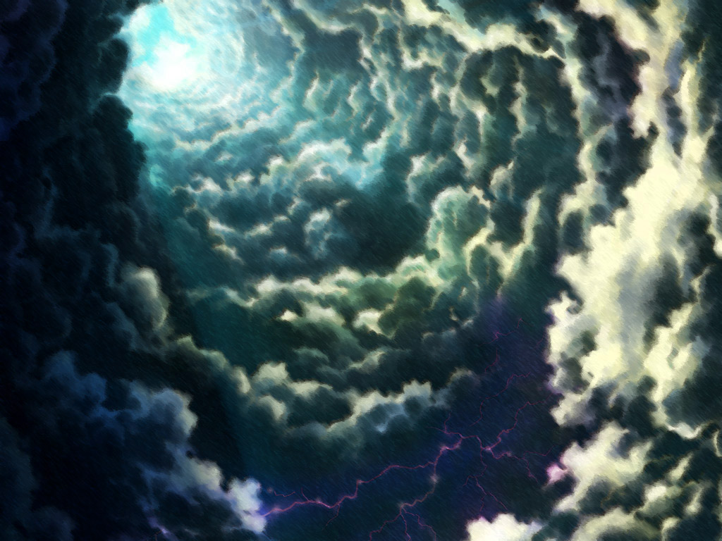 an artistic rendering of a stormy sky with swirling clouds forming a vortex, illuminated by a bright light at the center, with streaks of purple lightning visible in the lower portion. the overall tone is dark and ominous.