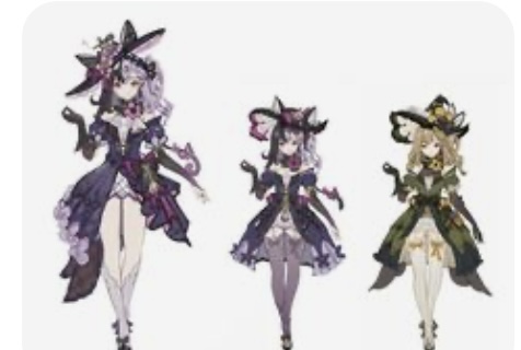 the image showcases three female characters dressed in elaborate witch costumes, each with a unique design and color scheme.
