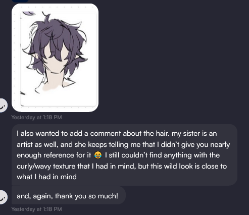 he image shows a chat conversation.  the first message includes an image of a digital drawing of a character's head with purple, curly/wavy hair. the accompanying text expresses the sender's appreciation for the artwork, while also noting that they didn't provide sufficient reference images for the hair style and that their sister (also an artist) agreed. the second message reiterates thanks. the overall style is informal and friendly.