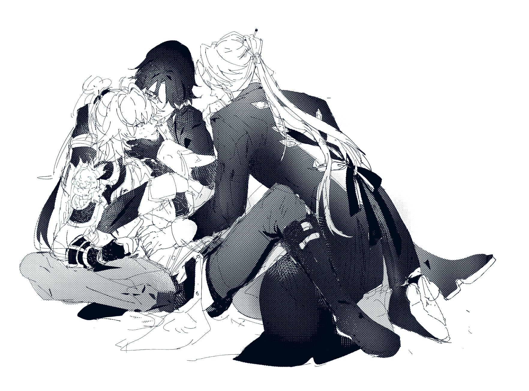 this is a sketch of three anime characters. two of them are boys, one of them is a girl. the girl is crying as the two boys comfort her. they appear to be in a close relationship, possibly friends or lovers.  the image has a monochrome and slightly dark color scheme.  the characters are drawn in a simple style with loose lines.