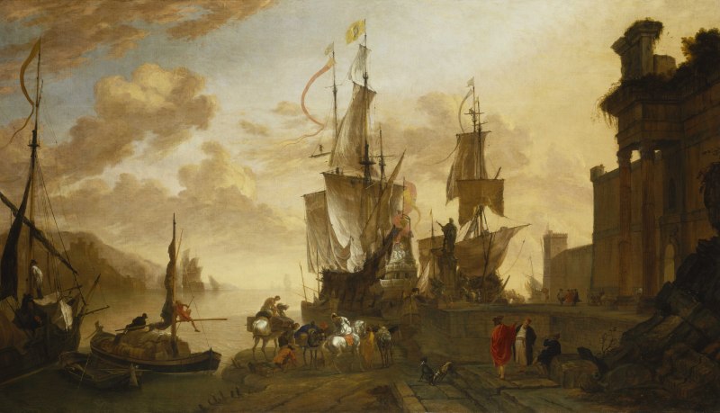 this is an oil painting of a bustling harbor scene. several large ships with billowing sails are docked along the right side of the painting. smaller boats are near the docks with figures loading and unloading cargo.  on the dock itself, figures in robes stand among horses and people carrying goods. to the right of the docks, buildings with classical architectural features stand under a cloudy sky. in the distance, more ships can be seen on the water. the overall color palette is warm, with shades of yellow, brown, and ochre.