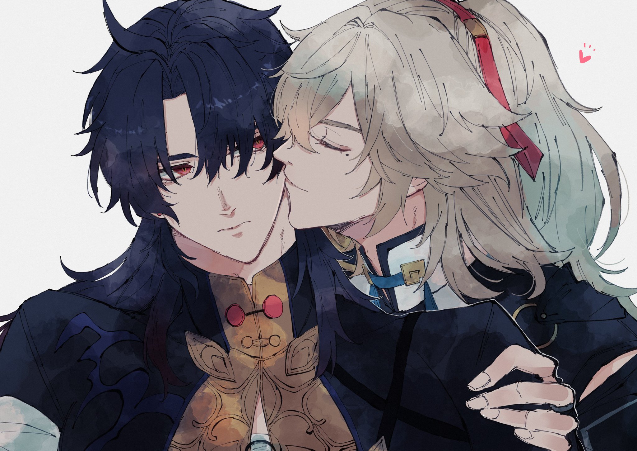 the illustration depicts a closeup shot of two anime characters, one with black hair and