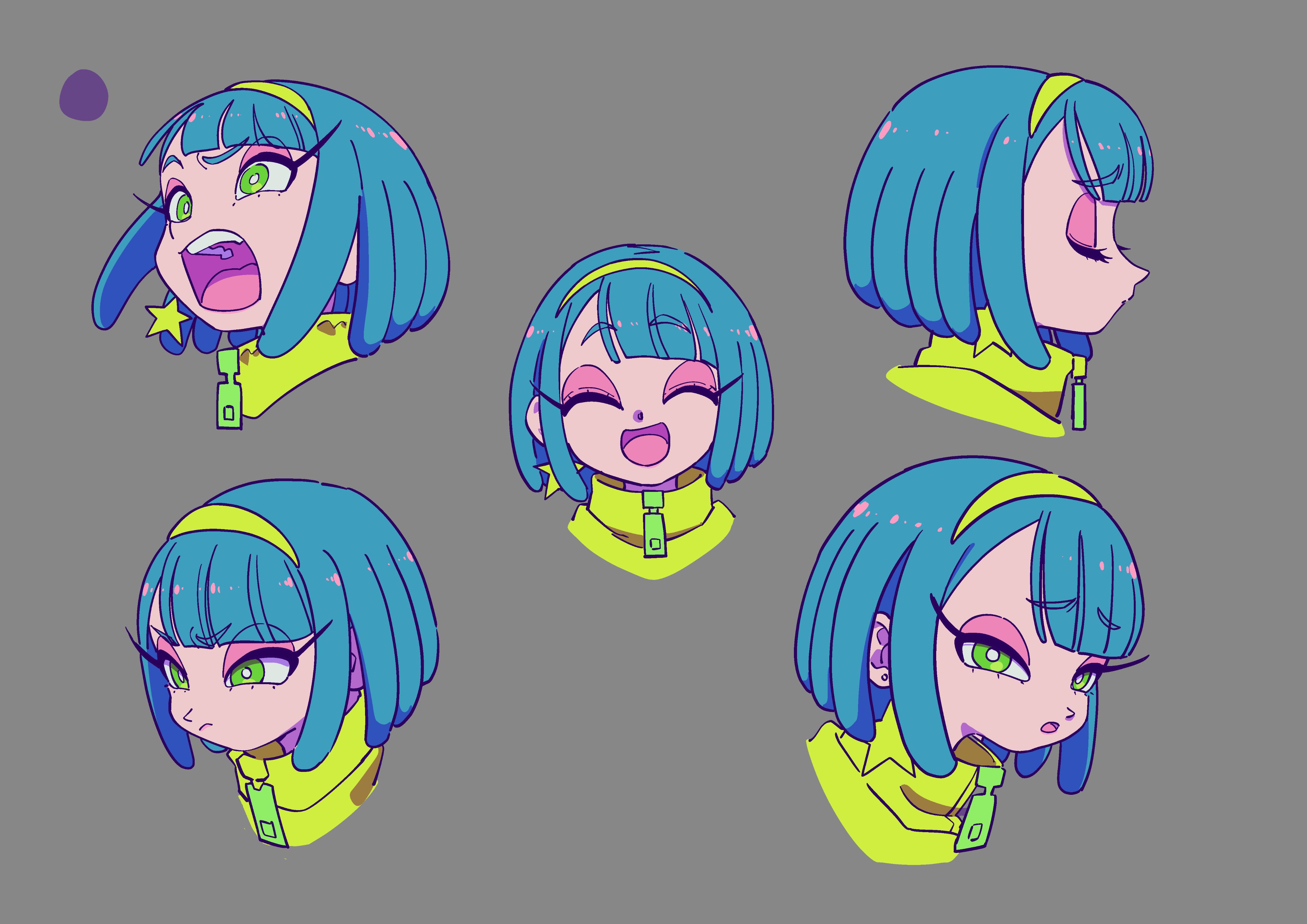 the image shows six different headshots of the same female anime character, showcasing a range of expressions. she has bright blue hair with a yellow headband, large green eyes, and wears a lime green jacket. the different expressions range from surprised and excited to happy, shy, and curious. the style is reminiscent of japanese animation and features bright colors and exaggerated features.