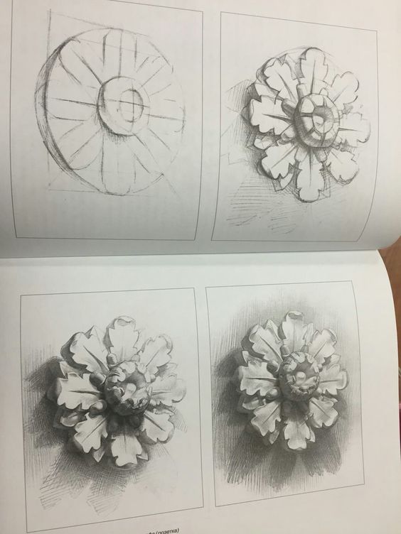 he image shows a fourpanel page from an art instruction book demonstrating how to draw a rosette.  the top left panel displays a basic geometric construction of the rosette, while the top right shows the initial stages of rendering it into a threedimensional form.  the bottom two panels progressively demonstrate the process of adding shading and detail to make the rosette appear more realistic and threedimensional through chiaroscuro. the shading and form are refined in each subsequent drawing to achieve a greater sense of depth and texture. the overall style is classical and detailed.