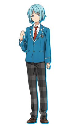 an anime boy with short blue hair and blue eyes is standing with his left hand holding a piece of paper and his right hand at his side. he is wearing a blue school uniform jacket with a white collar and a red tie. he is also wearing a white shirt, a plaid skirt, and black shoes.