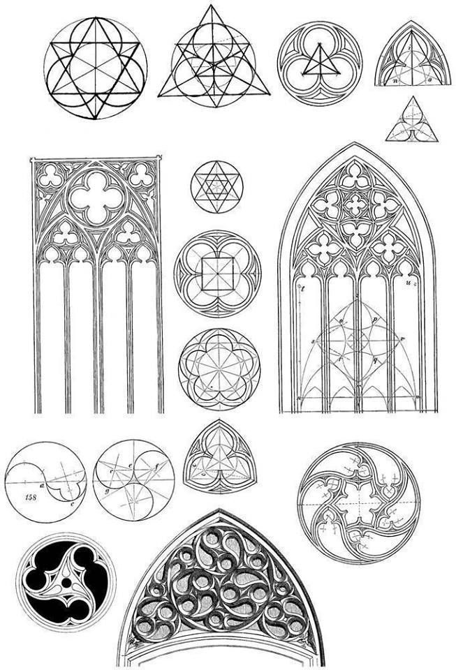 a black and white drawing showing the geometric patterns and designs used in gothic architecture, particularly in the creation of stained glass windows. the drawing features various geometric shapes, including circles, triangles, squares, and their combinations, forming intricate and symmetrical patterns. these patterns are then shown applied to architectural elements like window frames and tracery, demonstrating how geometry underpins the aesthetic of gothic design.