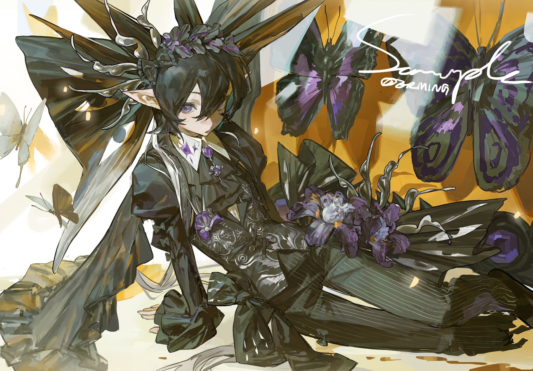 a beautiful anime girl with long black hair and black wings is lying down. she has on a black suit with a purple flower on her chest. her wings are big and wide and are made of dark, glossy fabric. there are butterflies on her wings, which are purple and black. behind her, there are some purple iris flowers. she has a sleek and fashionable look.