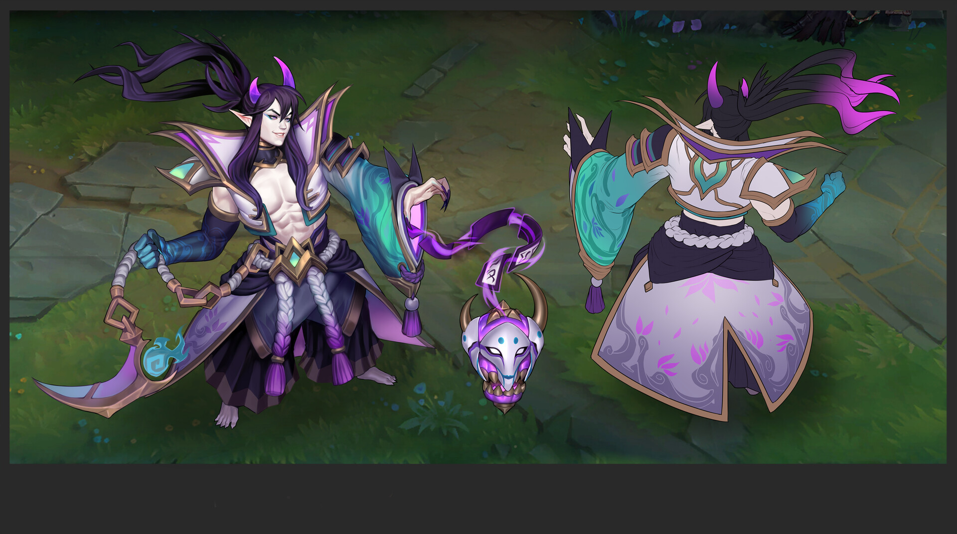 this image shows concept art for a male character from league of legends, likely a new skin or champion. the artwork showcases the character in two views: a front view, showing the character's detailed clothing, face, and a scythelike weapon, and a back view, showcasing the design of the character's clothing from the back. the character is depicted with onilike horns and a flowing hairstyle, and the clothing is ornate and detailed with a color scheme of purples, teals, whites and golds.  a mask or headpiece is also shown separately. the style is consistent with league of legends' fantasy art style and is highly detailed. the background is a muted green suggesting a grassy outdoor setting.