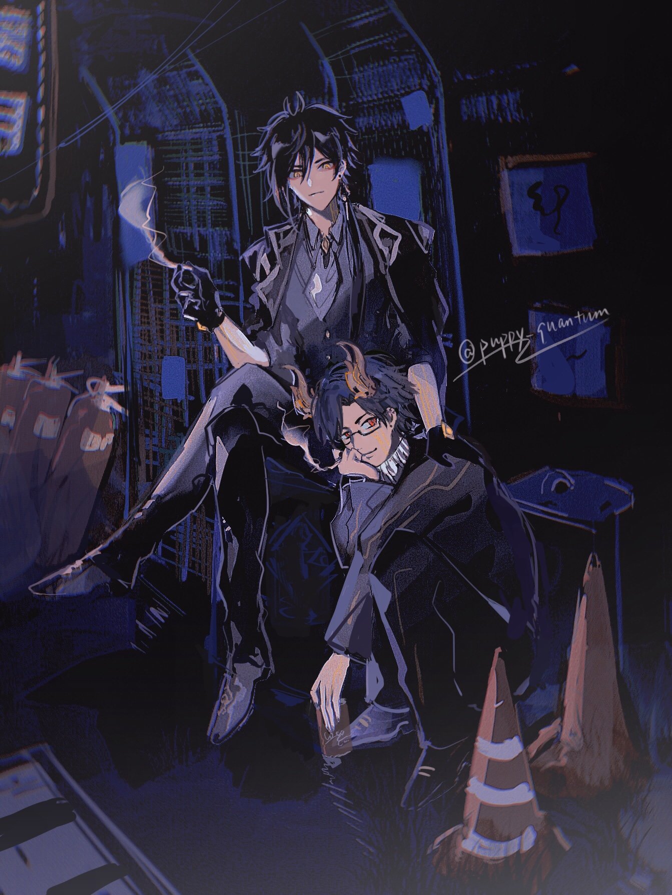 the image is an anime style drawing of two young men. they are sitting in a dark room. the man in the back has long black hair and is wearing a black jacket and a white shirt. he is smoking a cigarette. the man in the front has shorter black hair, and he's wearing a black coat and a white shirt. he has glasses on.