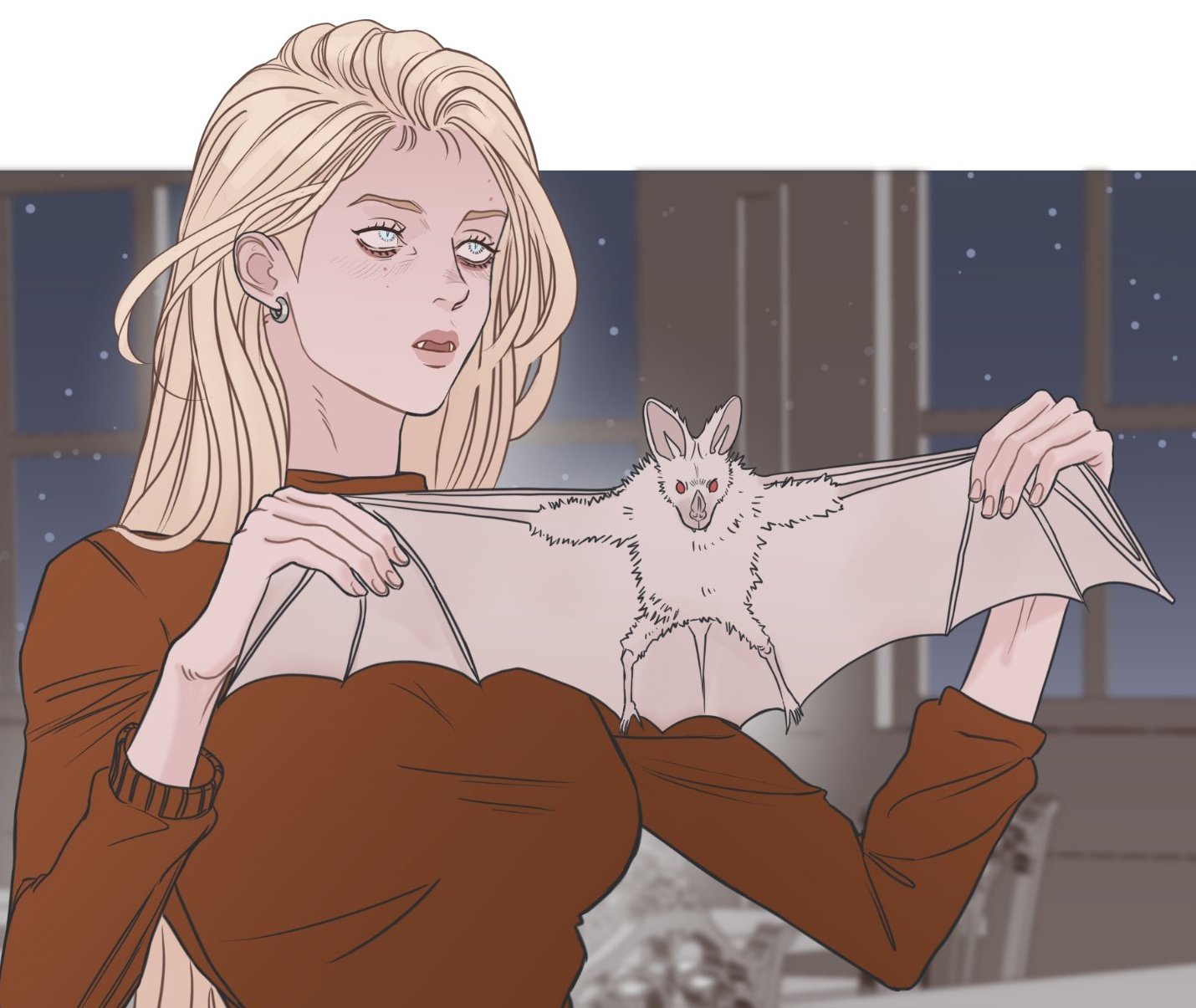 a cartoon illustration of a blonde woman with pale skin wearing a brown longsleeved shirt and holding a fluffy white bat with red eyes. she stands indoors with a window showing a night sky with stars in the background.