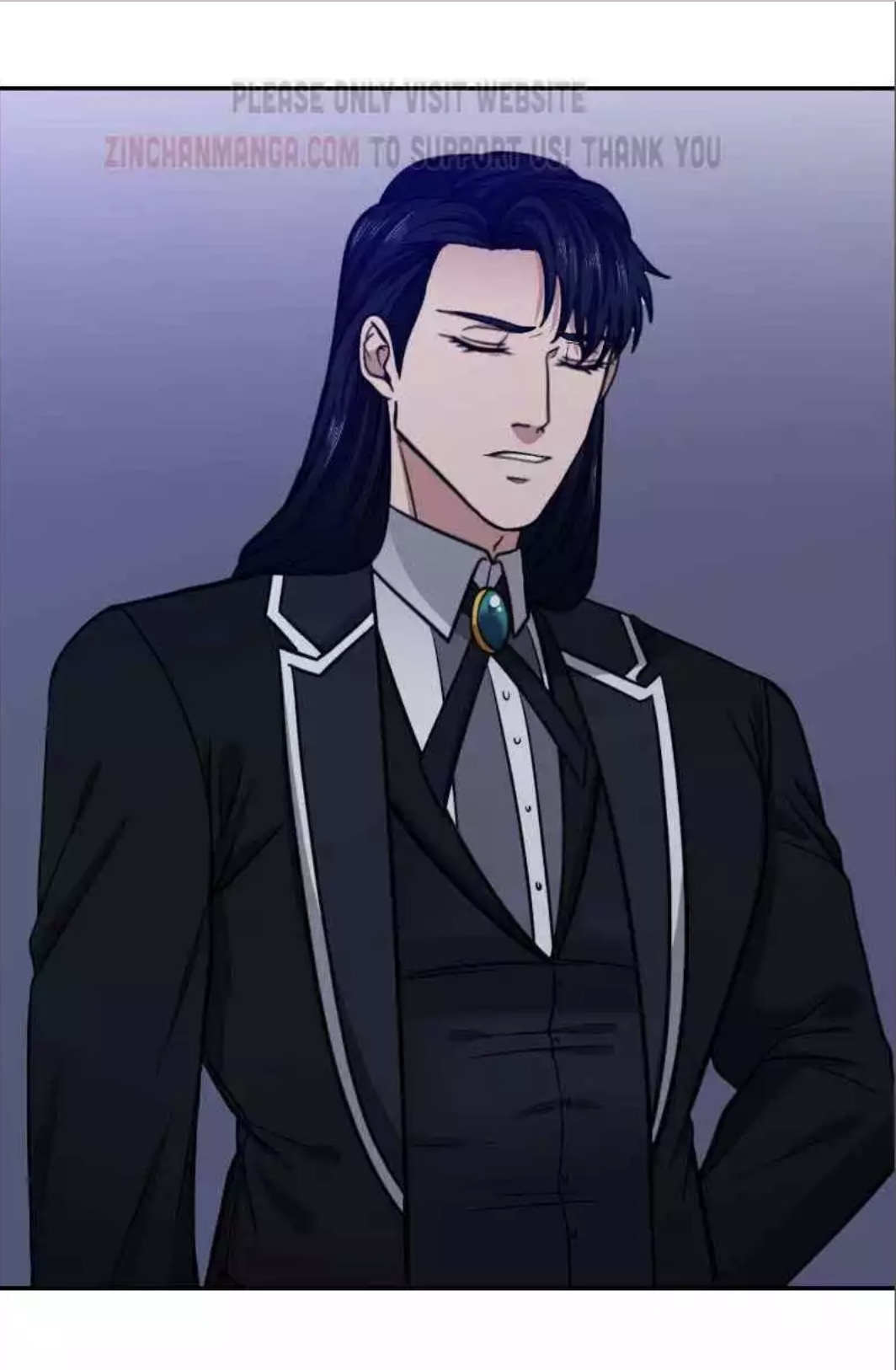 the image shows a closeup illustration of a man with long black hair, wearing a dark suit and tie. he appears serious or pensive, with a somewhat brooding expression. the background is a muted purple, and the overall style suggests anime or manga.  a watermark is present indicating a website.