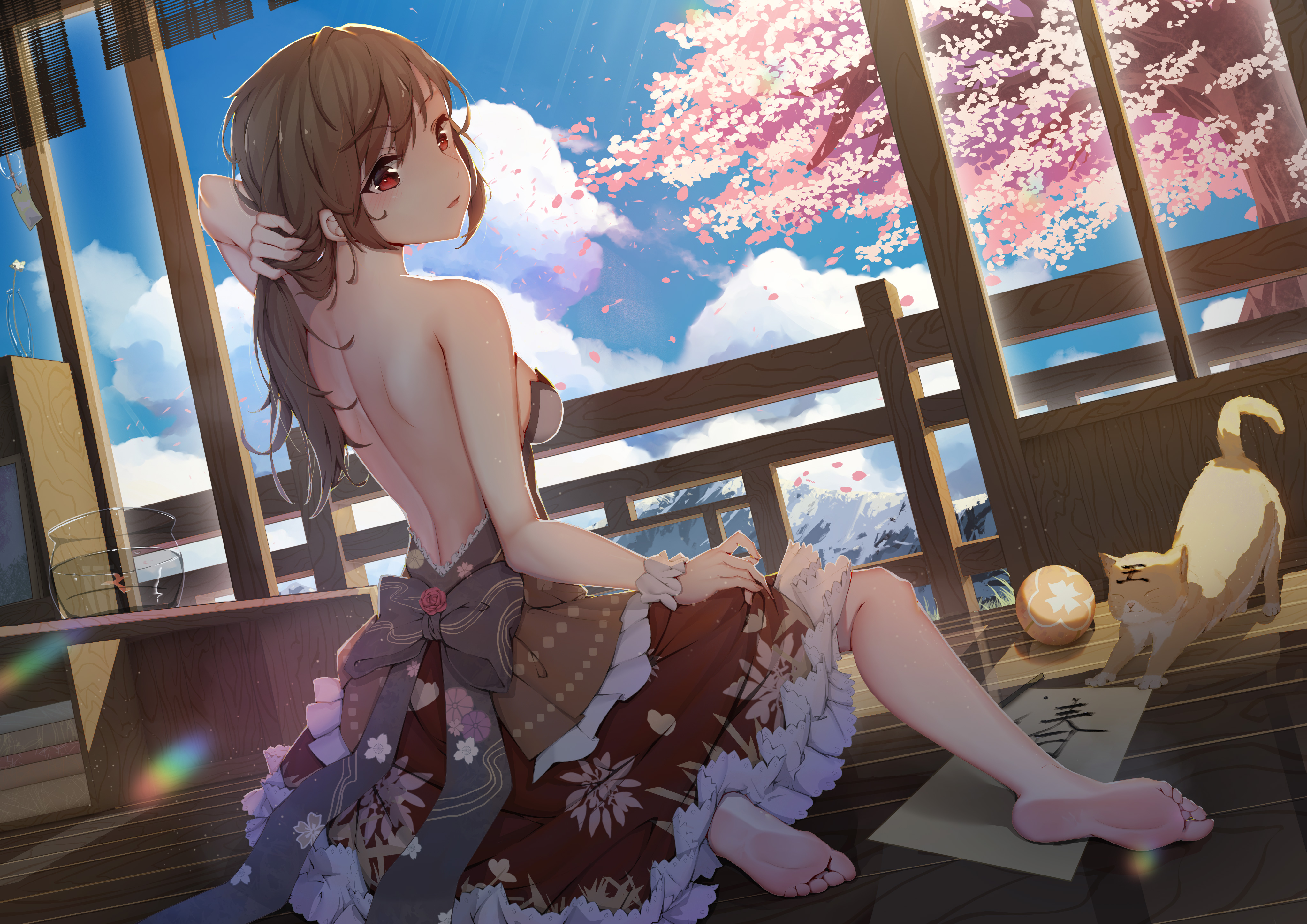 the image is a digital painting of an anime girl with long brown hair tied in a ponytail. she is sitting on a wooden balcony with her back to the viewer, wearing a floral kimonostyle dress. she has a bare back and her legs are crossed. a orange cat is sitting near her on the floor. the setting is outdoors, with cherry blossoms in bloom and mountains in the background. the overall mood is peaceful and serene.