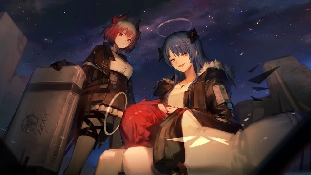 the artwork is a digital painting or illustration depicting three animestyle girls in a futuristic or scifi setting at night. the scene is viewed from a low angle, looking up at the characters. two of the girls, one with red hair and devillike horns and the other with blue hair and a halo, appear to be standing, with the redhaired girl carrying what looks like a large rectangular box or container. the third girl, also with red hair, is sitting or resting on the bluehaired girl's lap. the girls are dressed in dark, tacticalstyle clothing, suggesting a possibly military or combat role. the background features a nighttime city with a starry sky and fragmented, possibly damaged, structures, suggesting a postapocalyptic or wartorn setting. the style is highly detailed and stylized, characteristic of anime and digital fantasy art. the overall mood is somewhat mysterious and dramatic.