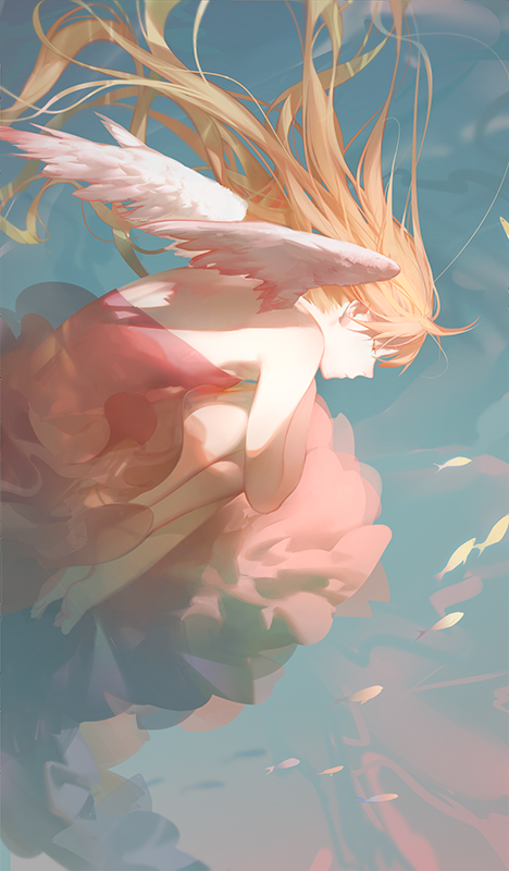 an ethereal digital artwork depicts a slender figure with long, flowing blonde hair and delicate wings, resembling an angel. she appears to be underwater, surrounded by small, golden fish swimming in the bluetinted water. the figure is gracefully posed, as if floating, and draped in translucent, coralcolored fabric that adds to the dreamy and surreal atmosphere of the piece. the muted colors and soft lighting enhance the overall sense of tranquility and fantasy.