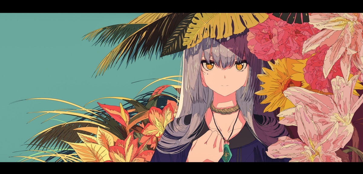 the image is a stylized digital illustration or artwork featuring a young anime girl with long, flowing purple and gray hair.  she is adorned with a large, tropical leaf hat and surrounded by a profusion of vibrant, stylized flowers, including lilies, sunflowers, and peonies. her expression is serene and peaceful. she wears a darkcolored top and a simple necklace with a tealcolored pendant. the overall color palette is warm and saturated, creating a summery, tropical feel. the art style is highly detailed and emphasizes smooth lines and bold colors. the background is a muted teal.