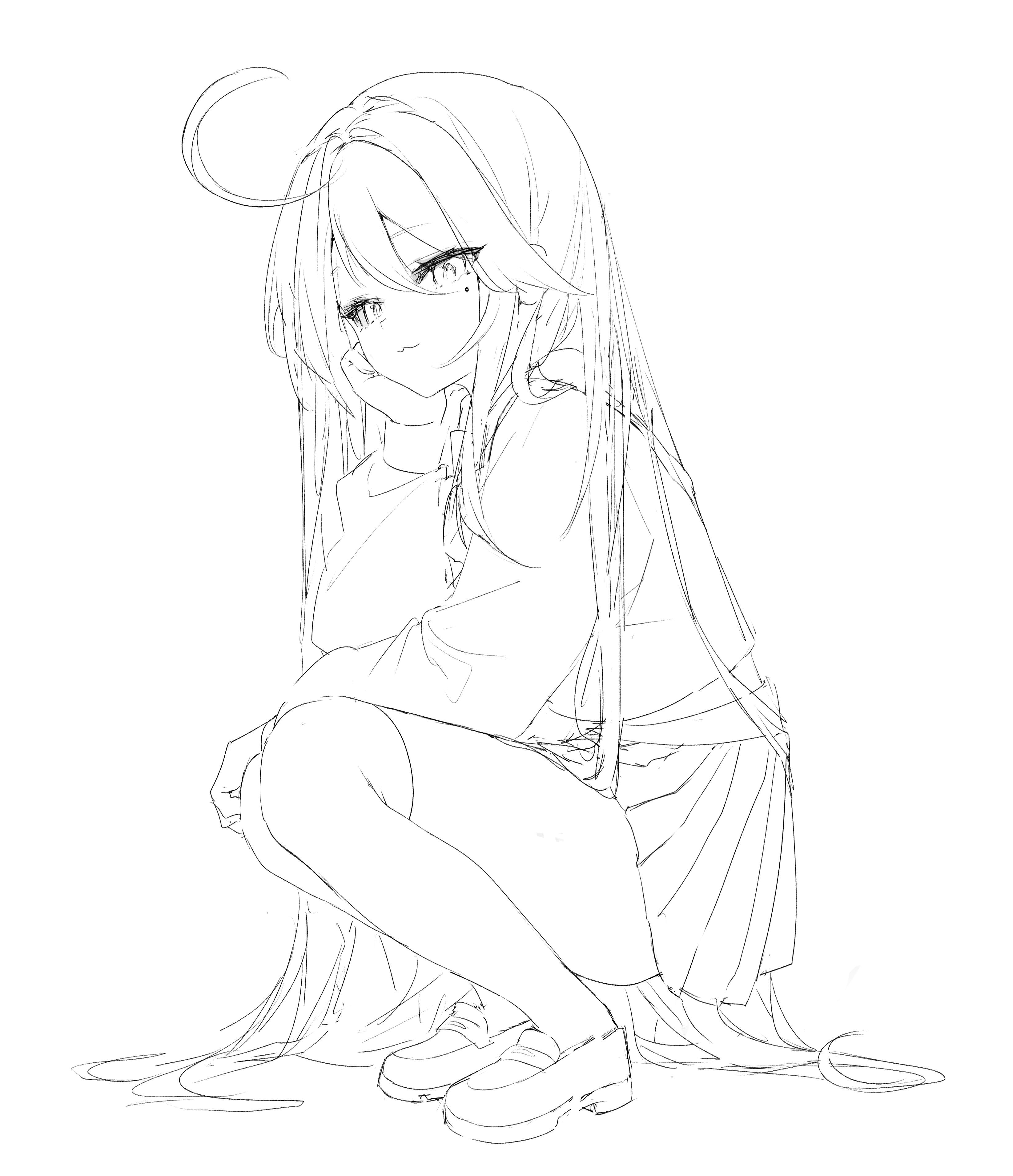 he image is a black and white sketch of an animestyle girl. she has long, flowing hair that extends beyond her body and is sitting in a crouched position. she is wearing a pleated skirt and shoes, and her expression is serene and slightly pensive. the drawing style is simple yet elegant, with soft lines and minimal detail, characteristic of a quick sketch or an unfinished work.  the overall feel is one of grace and quiet beauty.