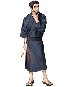 the image shows a man wearing a dark blue yukata with a black belt. he is smiling and holding a lit sparkler in his hand. the man is standing with one hand on his chin and looking slightly to the left. the background is white and the man is isolated.