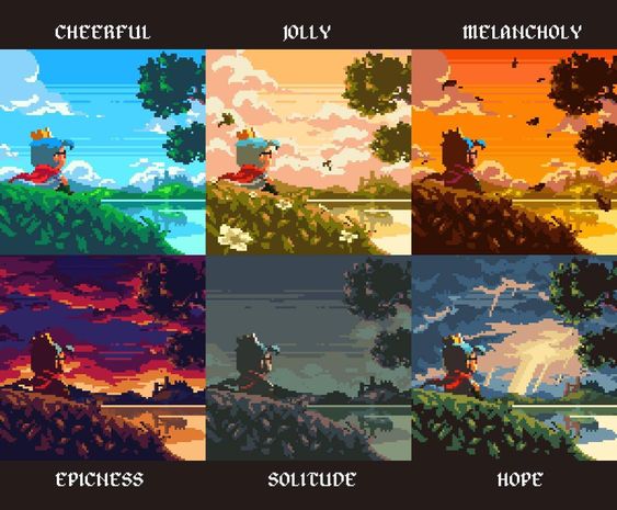 the image contains 6 pixel art illustrations showcasing different moods. each image depicts a young boy with a crown sitting on a grassy hill overlooking a lake or river. the time of day, color palette and overall composition of the image changes to reflect each distinct emotion.