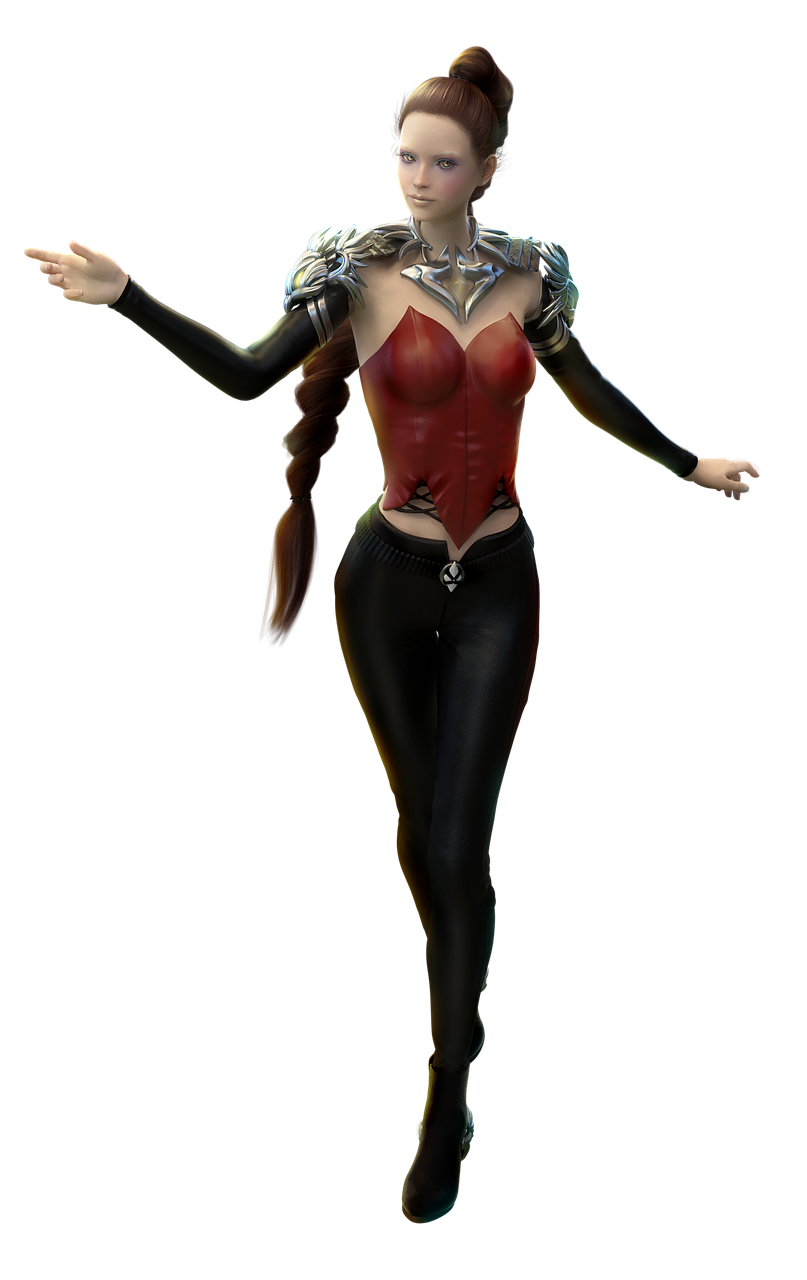 a digital art rendering of a woman standing with her arms outstretched. she has a braid, wears a red corset, black pants, and boots. she also wears jewelry. the artwork has a fantasy theme.