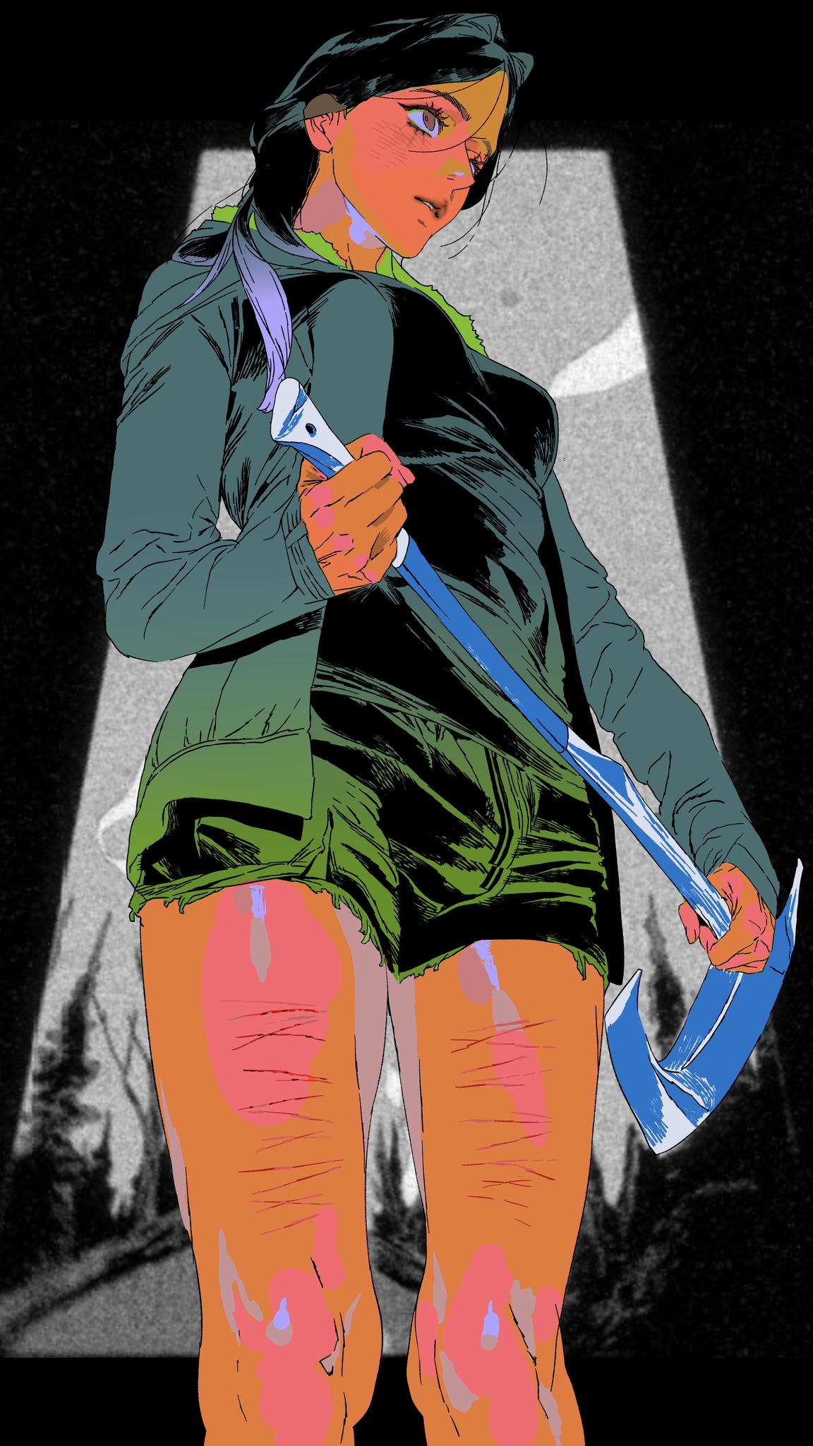 a stylized illustration of a woman holding a blue axe. she is wearing a green hoodie and black shorts. her legs are orange and covered in scars. the background is a black and white image of a forest. the overall style is edgy and graphic, with dark undertones.