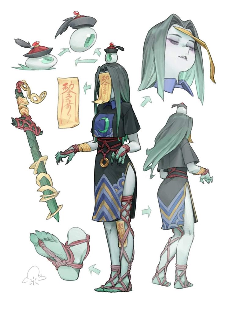 his image is a digital painting of a female character concept art. the character is a fantasy figure with green skin and long dark green hair. she is wearing a traditional chineseinspired dress (qipao) with gold and blue patterns and tied sandals.  several accessories are shown separately, including a hat with an eye on top, a sword with ornate details, a paper mask/amulet covering the character's face, and the character's feet with the sandals tied to them.  different views of the character's posture and hair are also depicted. the overall style is anime/mangainfluenced with a mystical and traditional asian aesthetic. the art seems to be character design for a game or animation.