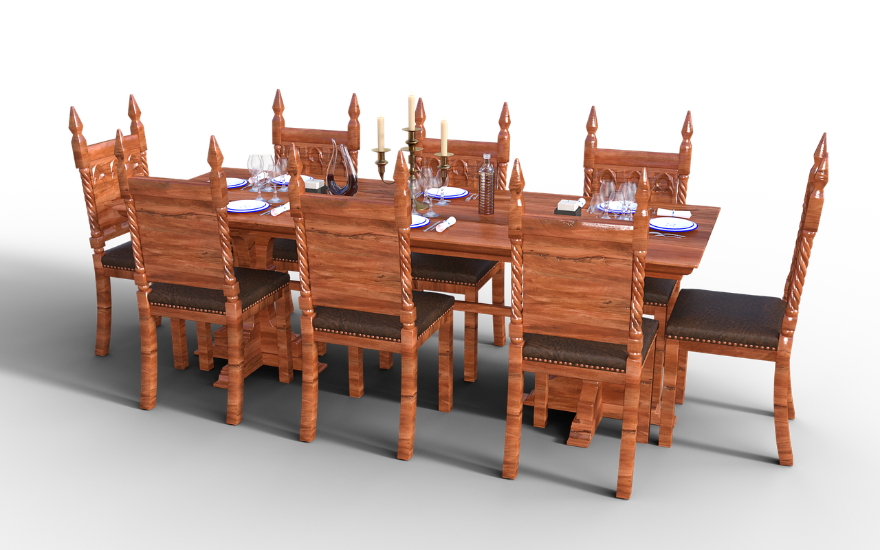 the image shows a formal dining setup with a large wooden table and chairs against a black background. the table is set with plates, napkins, glasses, a wine decanter, and a candlestick. the chairs are wooden with upholstered seats and have an ornate, vintage style. the overall setting suggests a luxurious, traditional dining room.