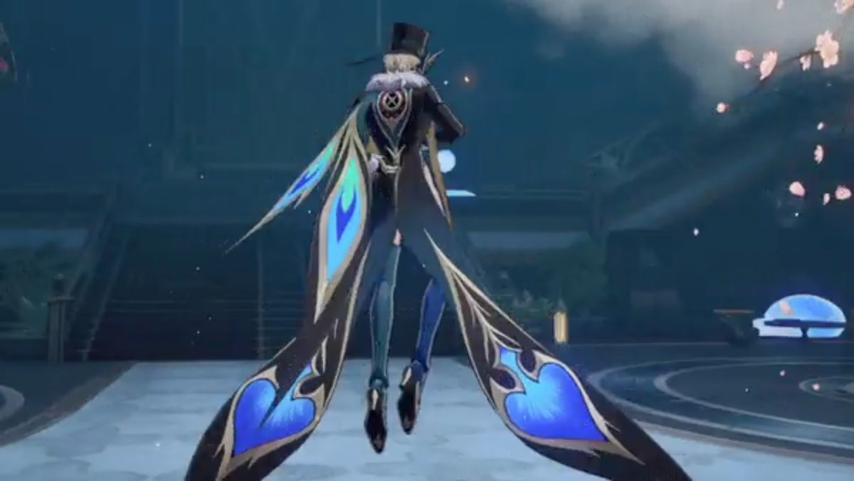 a male character from the video game "genshin impact" is wearing a black and blue outfit with large blue and black wings. he is floating in the air, and there is a blue glowing object in the background.