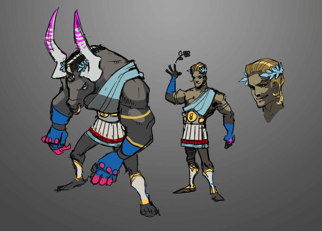 a digital art drawing of a minotaur with blue and pink details on his arm and a bull's horn. he's wearing a greek warrior outfit and  wearing a white and red skirt. he is facing left, with his right arm up to the side.  on his right is another greek warrior with his left arm up to the side and right arm down, also wearing a white and red skirt.  he has a blue laurel wreath, blue arm coverings and a golden belt.  on the top right corner, is a portrait of the same warrior, with a  blue laurel wreath and blonde hair.