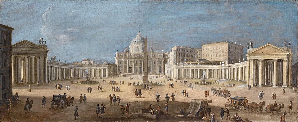 the image depicts a wide view of st. peter's square in vatican city, rome, italy.  the square is surrounded by colonnades, with st. peter's basilica visible in the background, marked by its dome and obelisk.  the open space is filled with people walking, carriages, and horses.  the sky is overcast with light clouds.  the style suggests it is an older painting or artwork depicting a historical urban scene. buildings surround the piazza.