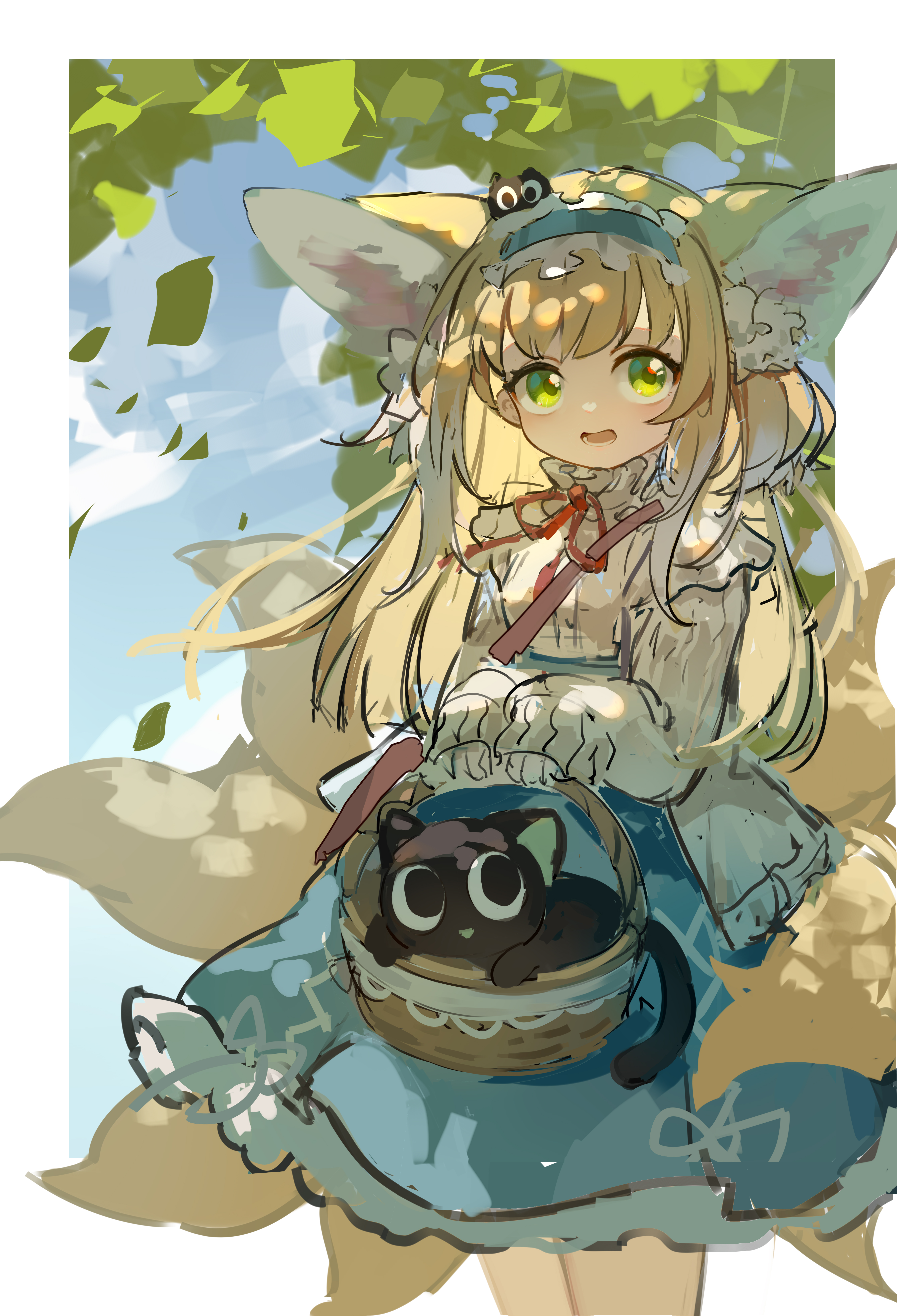 the image is a digital painting of a cute anime girl with blonde hair, fox ears, and a blue dress. she is carrying a small black cat in a basket. the background is a bright, sunny outdoor scene with trees and leaves. the style of the artwork is whimsical and fantasylike, with soft colors and a painterly texture.