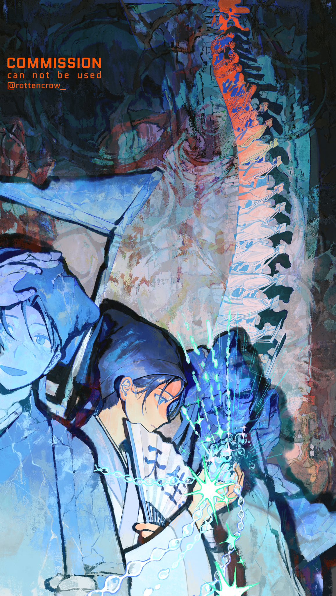 a digital painting of two anime characters standing. one character is a man with blue hair and his face is obscured by his hand, while the other is a young woman with long blue hair. both wear blue clothing.  the background is a abstract blue and white, with a red and white spine on the right side. the man is holding a fan, and there is a chain in front of the woman. there are white stars and lights around the woman.