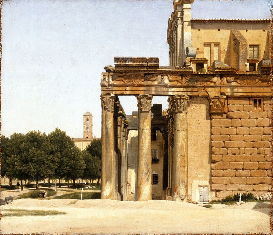 painting of roman forum ruins and a building, several columns are standing at the front, some trees and tower visible in the background.