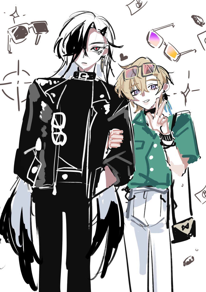 the image shows a drawing of two animestyle characters standing sidebyside. the character on the left is a boy with long black hair, wearing a black leather jacket, sunglasses and black pants. the character on the right is a girl with blonde hair wearing a green shirt, white pants, and sunglasses. they are both smiling and appear to be friends. the drawing is done in a black and white style and has a casual feel.
