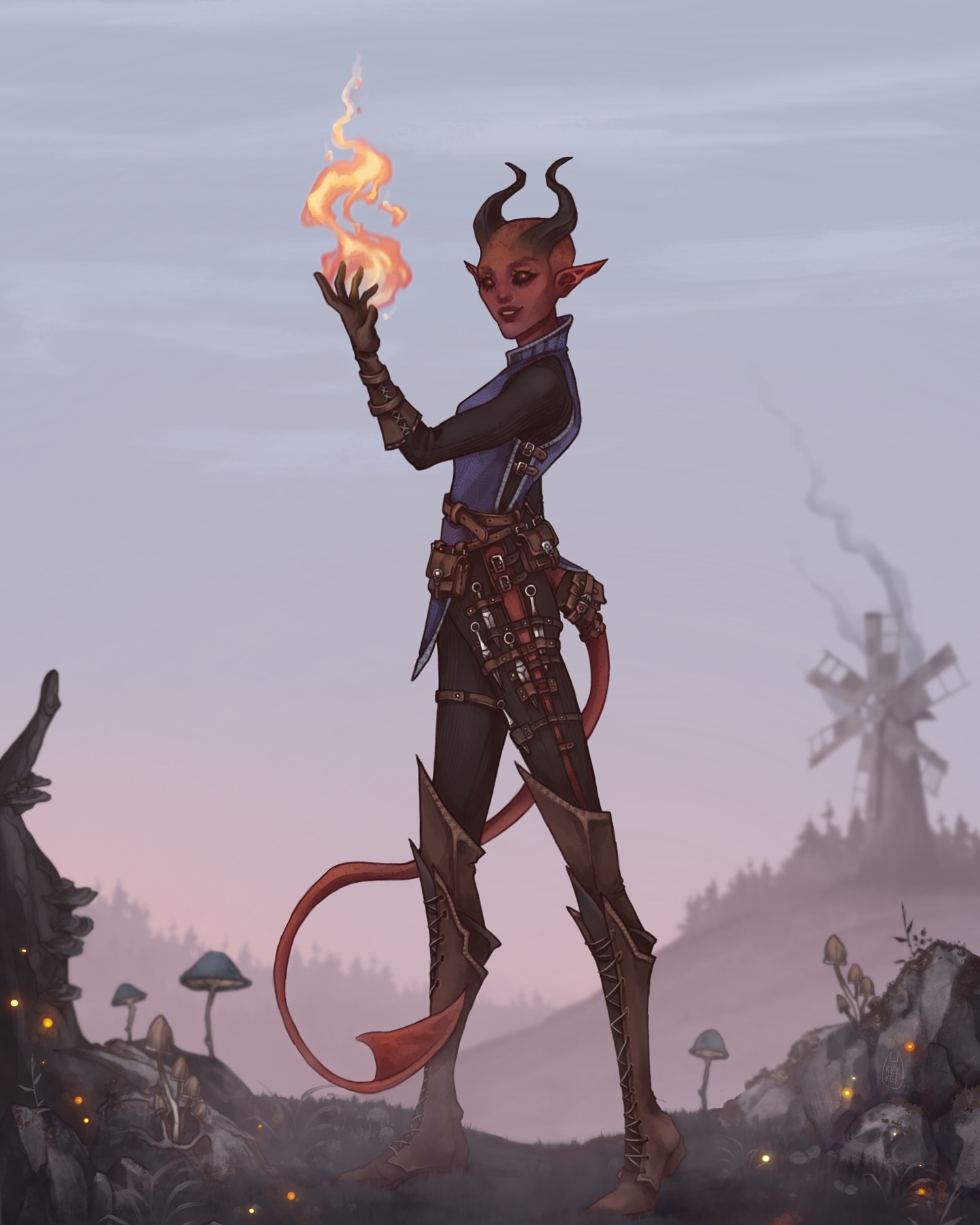 the artwork depicts a female tiefling, a type of fantasy creature with red skin and horns, wielding a small, glowing ball of fire. she is dressed in dark fantasy attire, including a blue tunic, brown boots, and various belts and pouches suggesting a traveler or adventurer. her expression is confident and calm. the setting is a serene, misty landscape with a windmill in the distance, mushrooms scattered across the foreground, and a soft twilight light. the overall style is painterly and detailed, giving a sense of fantasy adventure.