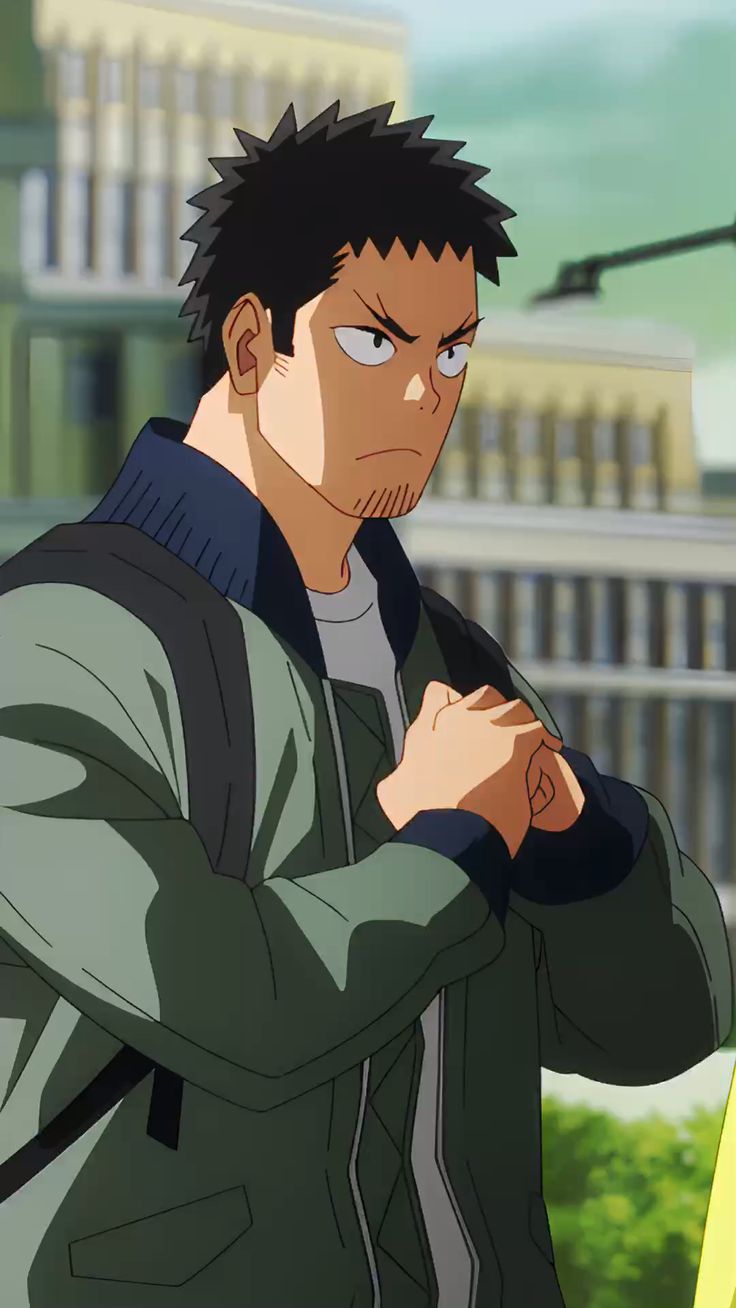 an anime style image of a male character in a green jacket, blue inner jacket and grey shirt. his black hair is pulled back and his expression is serious as he holds his hands together in front of his chest.  he is standing outside in front of a city building.  the image is brightly lit and the character is in focus.