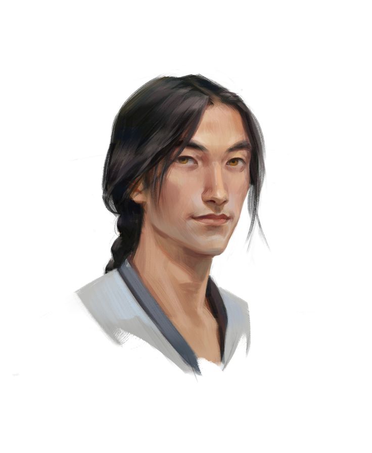 the image is a digital painting or illustration of a young asian man. he has long, dark hair styled in a braid or ponytail, and is wearing simple, lightcolored clothing with a dark collar. the portrait is a closeup headshot, showing only his head and shoulders. his expression is calm and neutral, and the overall style of the artwork is realistic. the background is plain white.